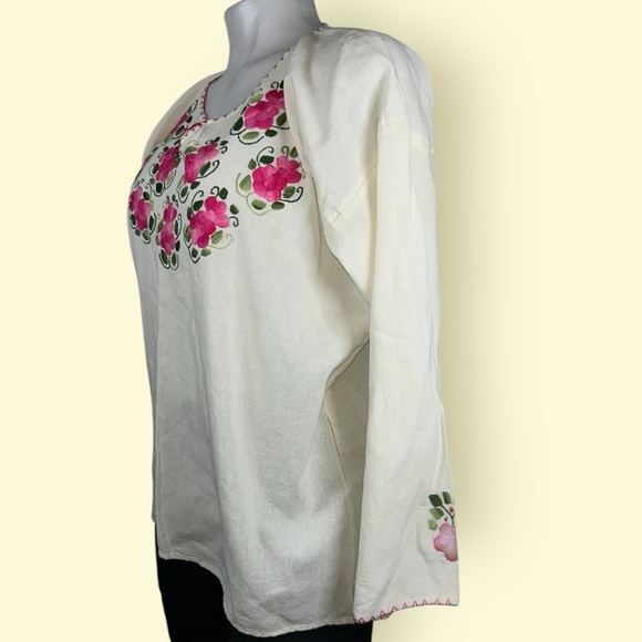 Vintage Oaxaca Embroidered Handmade Floral Cotton Blouse from Mexico off white - Picture 3 of 11